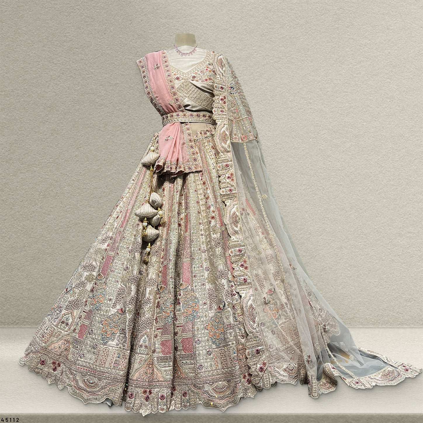 Rosé - Double Dupatta Raw Silk Ivory Bridal Lehenga