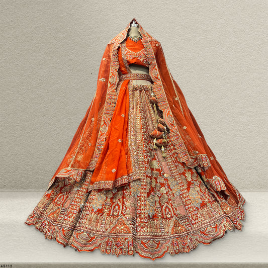 Dulhan in Orange Rust Bridal Lehenga : Double Dupatta Raw Silk Flared Lehenga