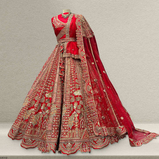 Dulhan in Royal Red Bridal Lehenga : Double Dupatta Raw Silk Flared Lehenga