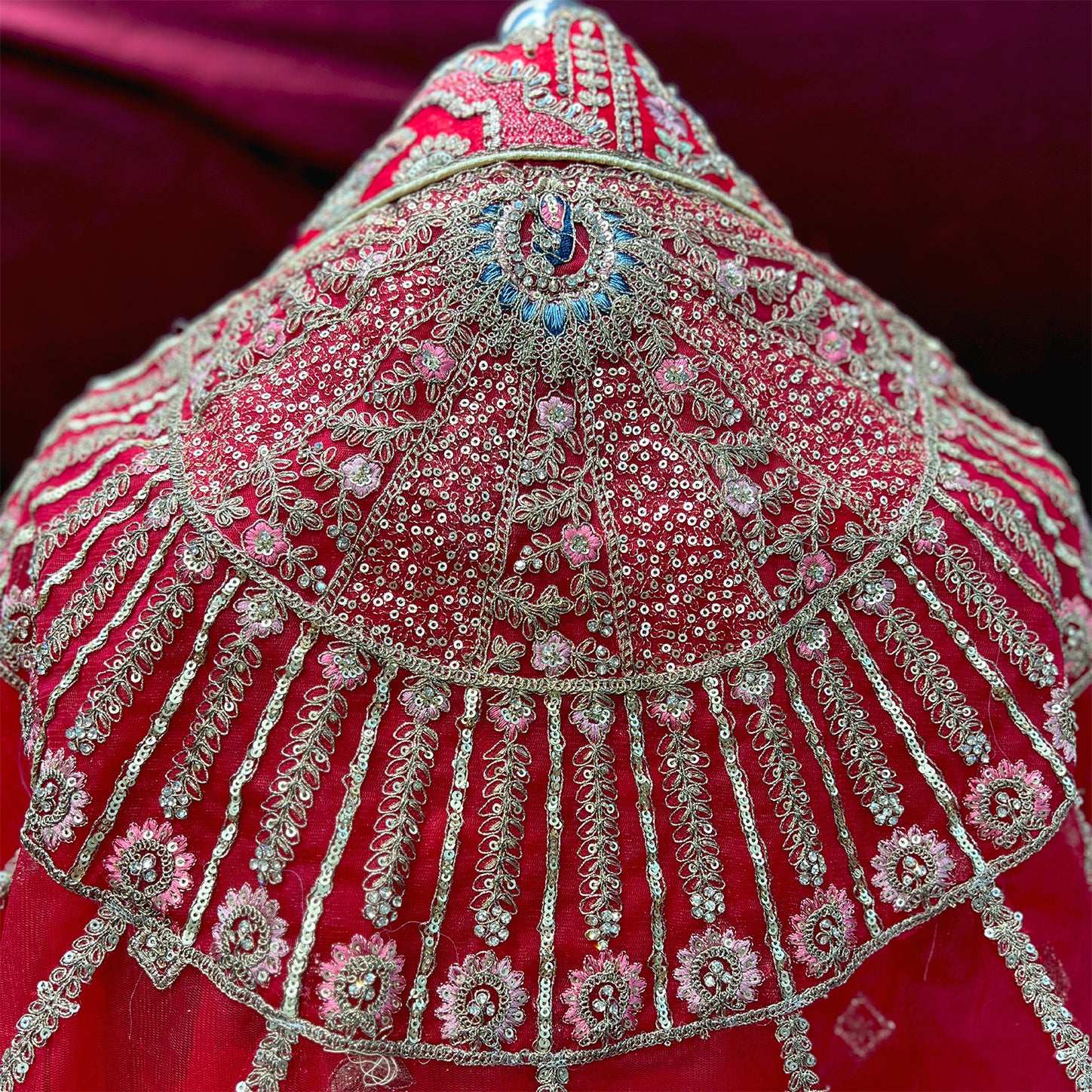 Dulhan in Royal Red Bridal Lehenga : Double Dupatta Raw Silk Flared Lehenga