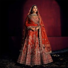 Dulhan in Orange Rust Bridal Lehenga : Double Dupatta Raw Silk Flared Lehenga