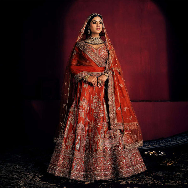 Dulhan in Orange Rust Bridal Lehenga : Double Dupatta Raw Silk Flared Lehenga