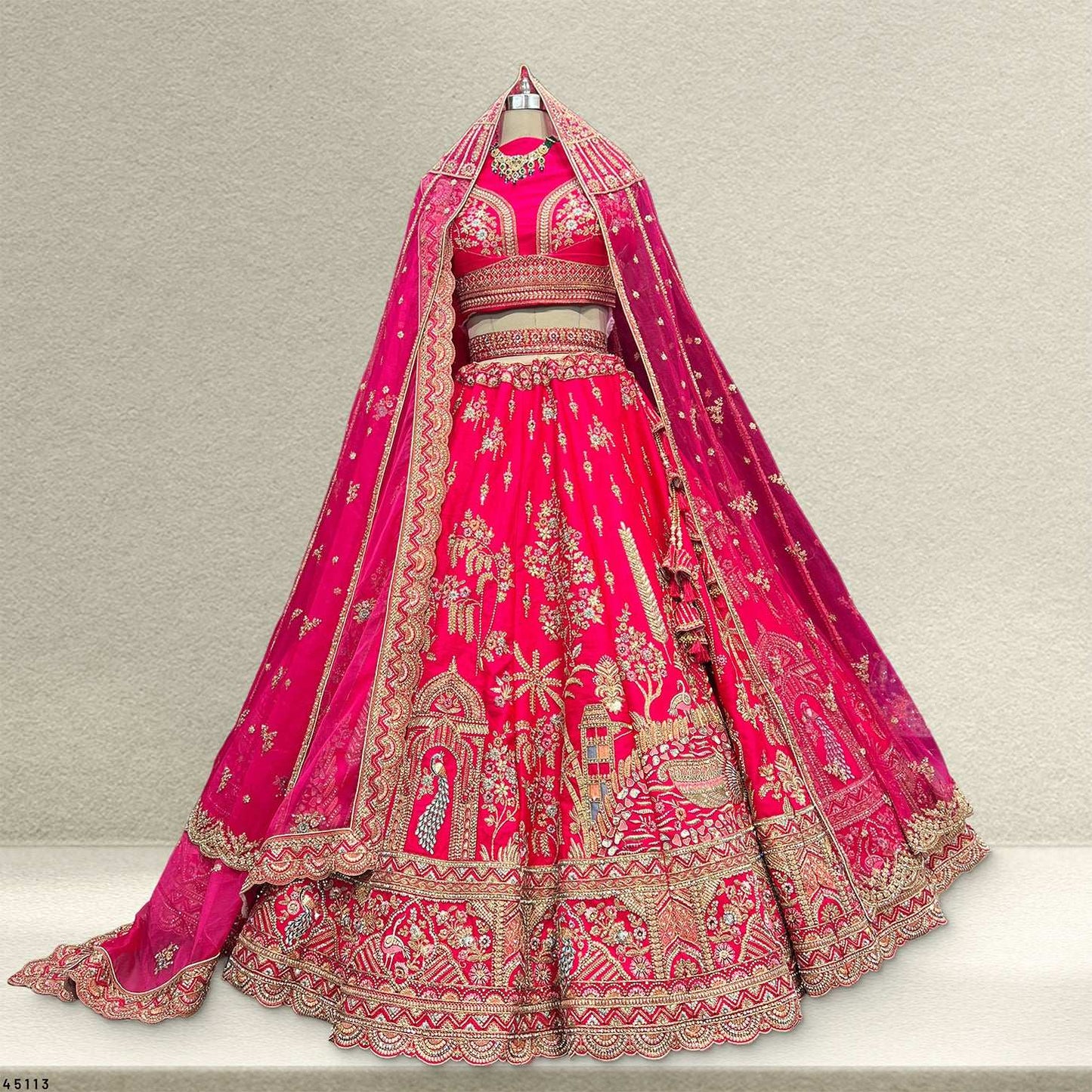 Dulhan in Rani Pink Lehenga : Peacock Design Double Dupatta Bridal Lehenga