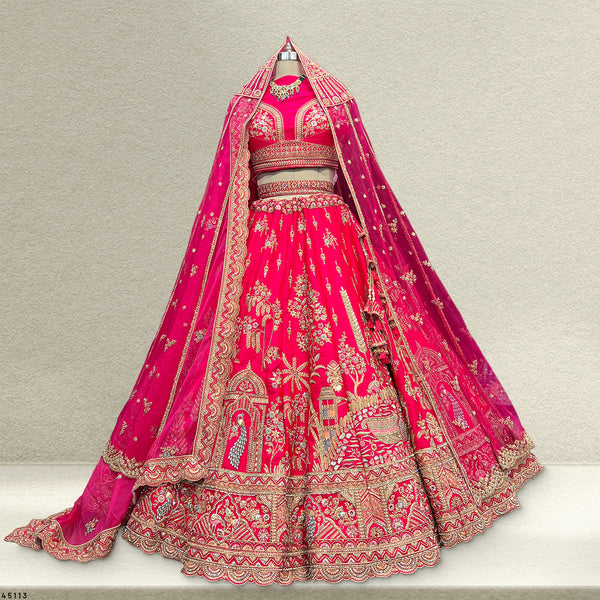Dulhan in Rani Pink Lehenga : Peacock Design Double Dupatta Bridal Lehenga
