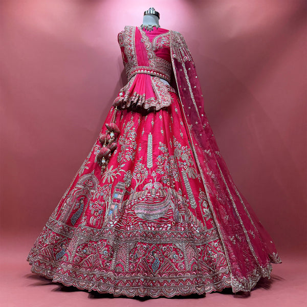 Pink bridal lehenga with ornate zari resham embroidery and double dupatta