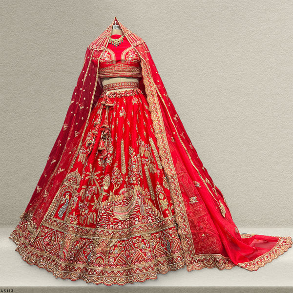Dulhan in Royal Red Bridal Lehenga : Double Dupatta Raw Silk Flared Lehenga