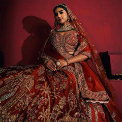 Dulhan in Orange Rust Bridal Lehenga : Double Dupatta Raw Silk Flared Lehenga