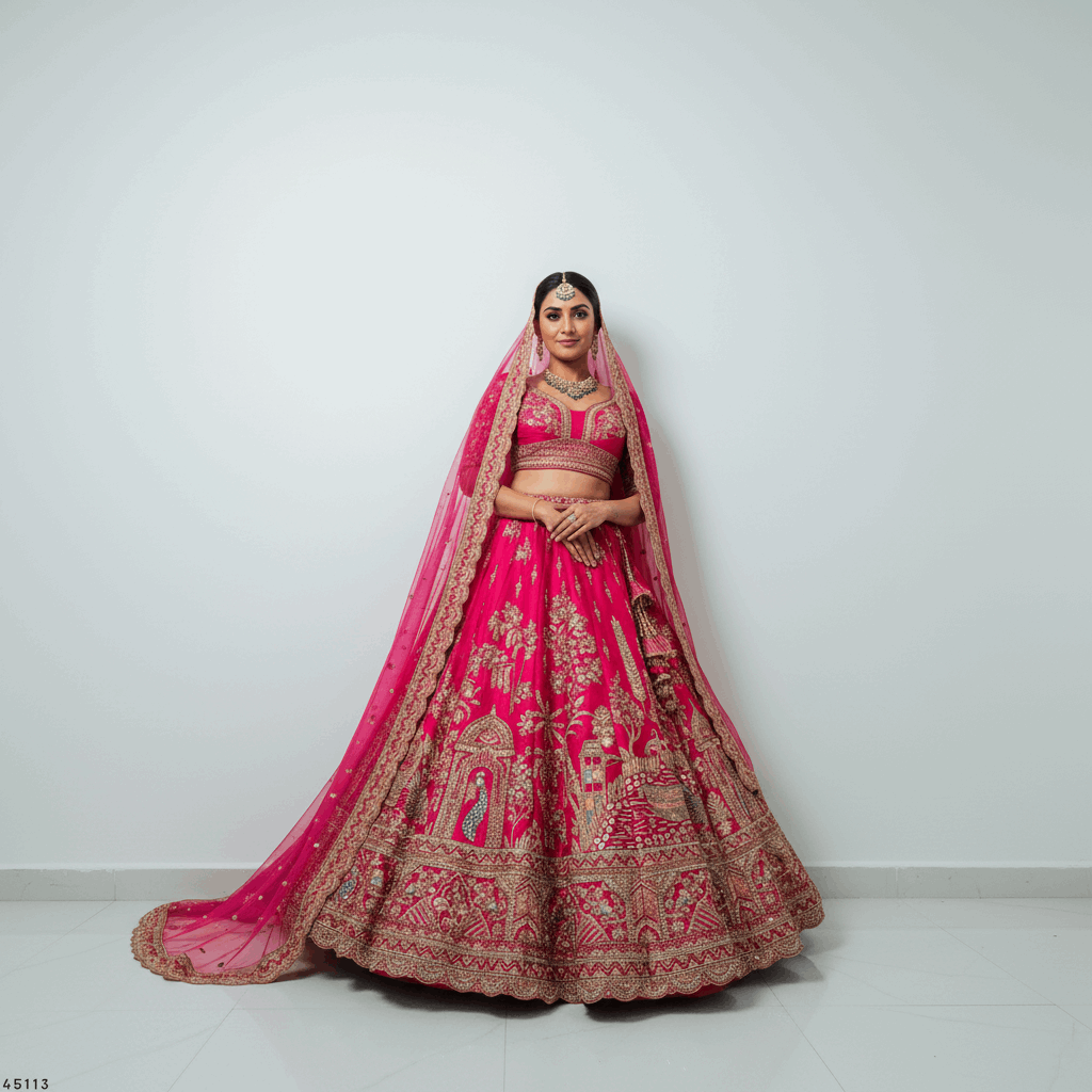 Dulhan in Rani Pink Lehenga : Peacock Design Double Dupatta Bridal Lehenga