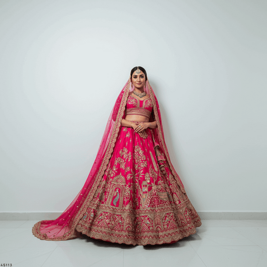 Dulhan in Rani Pink Lehenga : Peacock Design Double Dupatta Bridal Lehenga