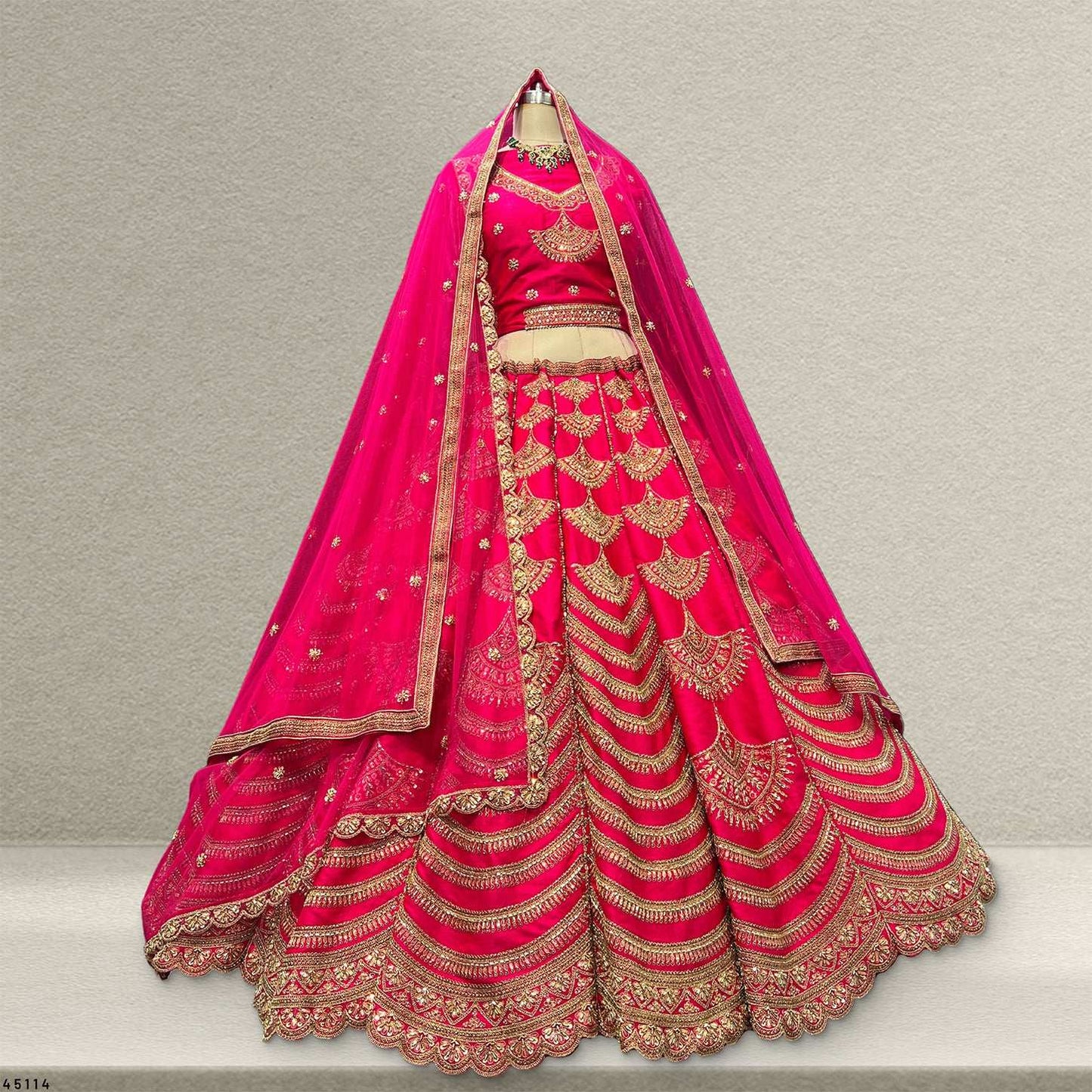 Handwork Rani Pink Bridal Lehenga : Double Dupatta Minimal Style Flared Lehenga