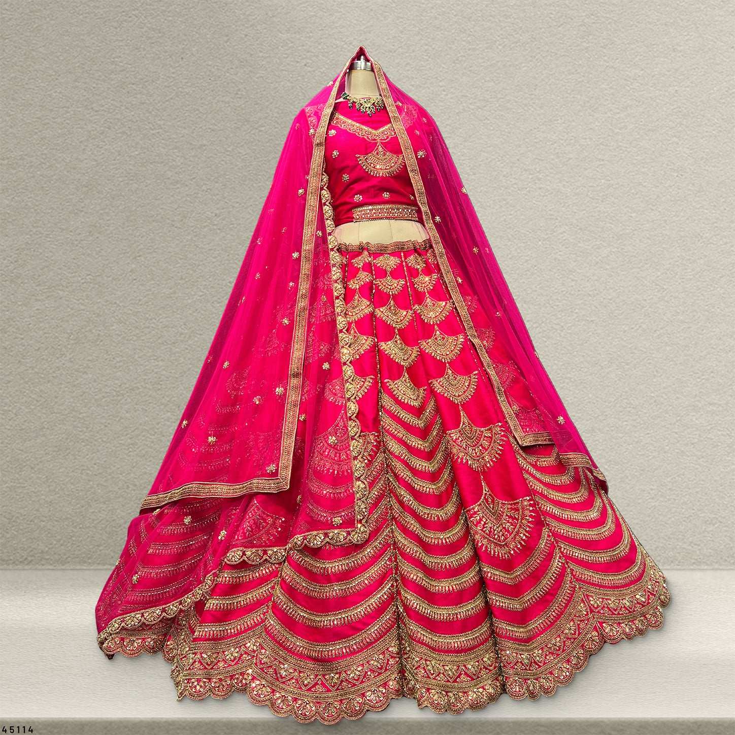 Handwork Rani Pink Bridal Lehenga : Double Dupatta Minimal Style Flared Lehenga