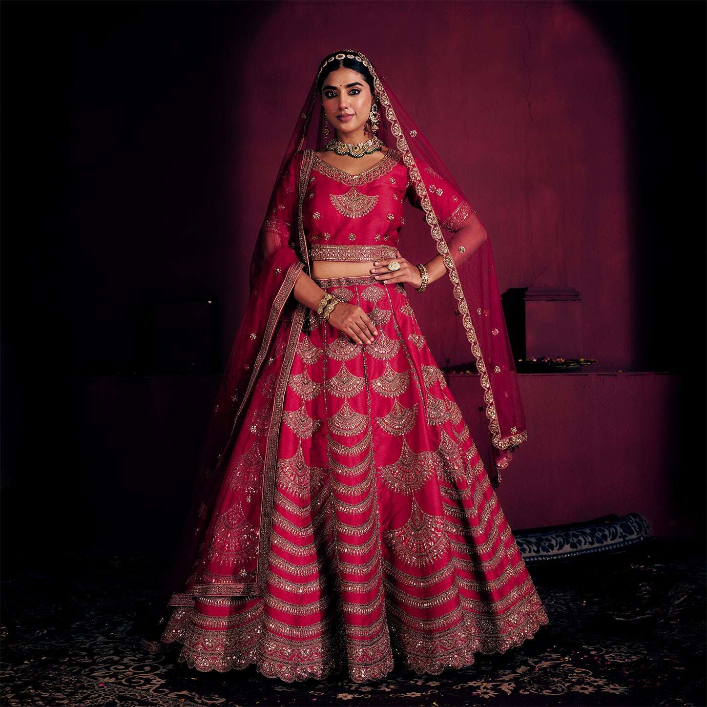 Handwork Rani Pink Bridal Lehenga : Double Dupatta Minimal Style Flared Lehenga