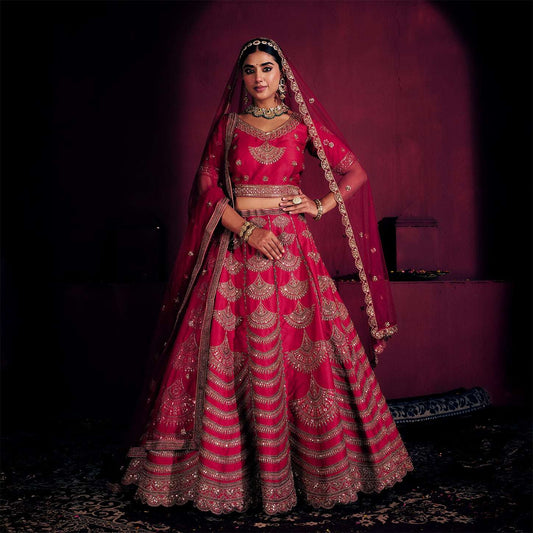 Handwork Rani Pink Bridal Lehenga : Double Dupatta Minimal Style Flared Lehenga