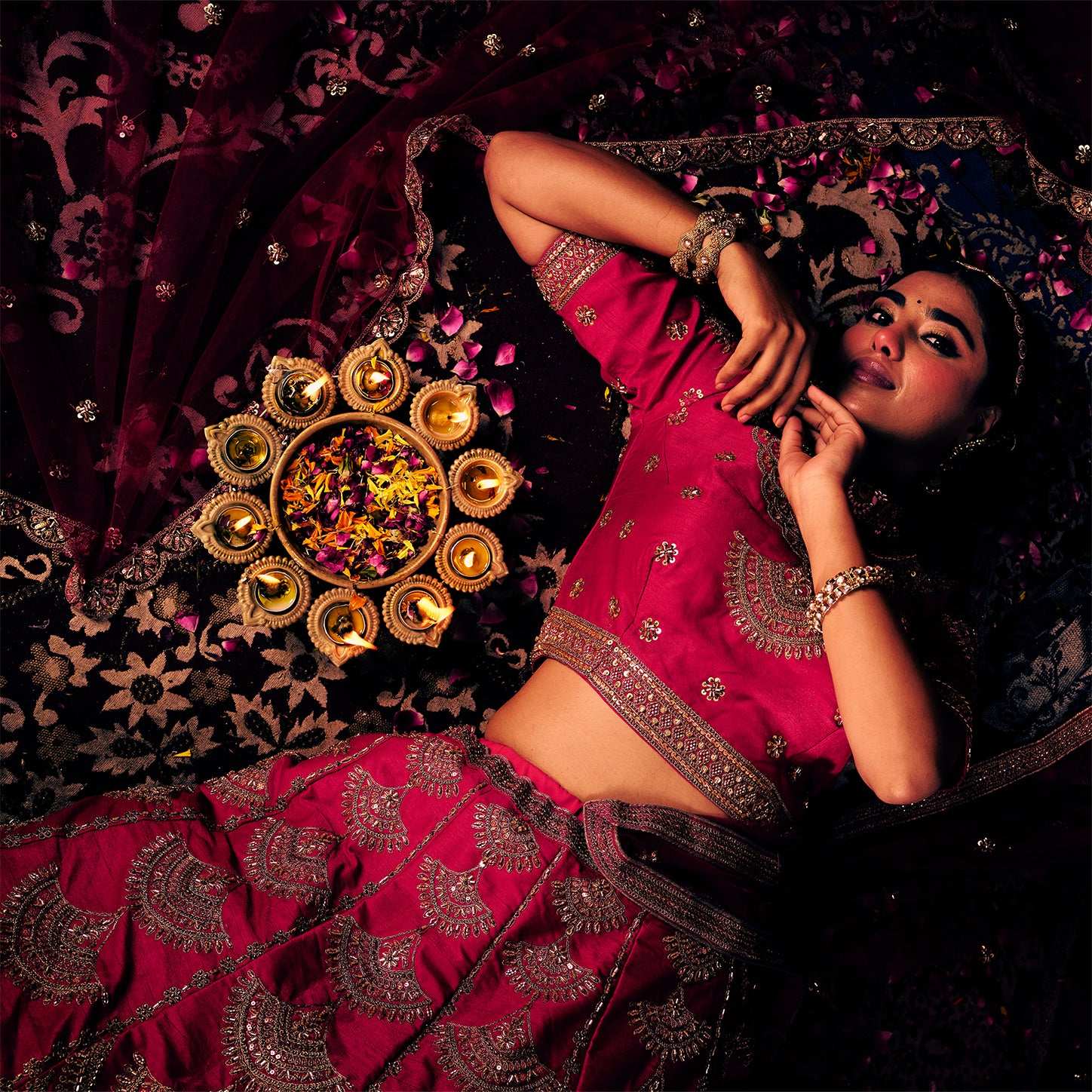 Handwork Rani Pink Bridal Lehenga : Double Dupatta Minimal Style Flared Lehenga