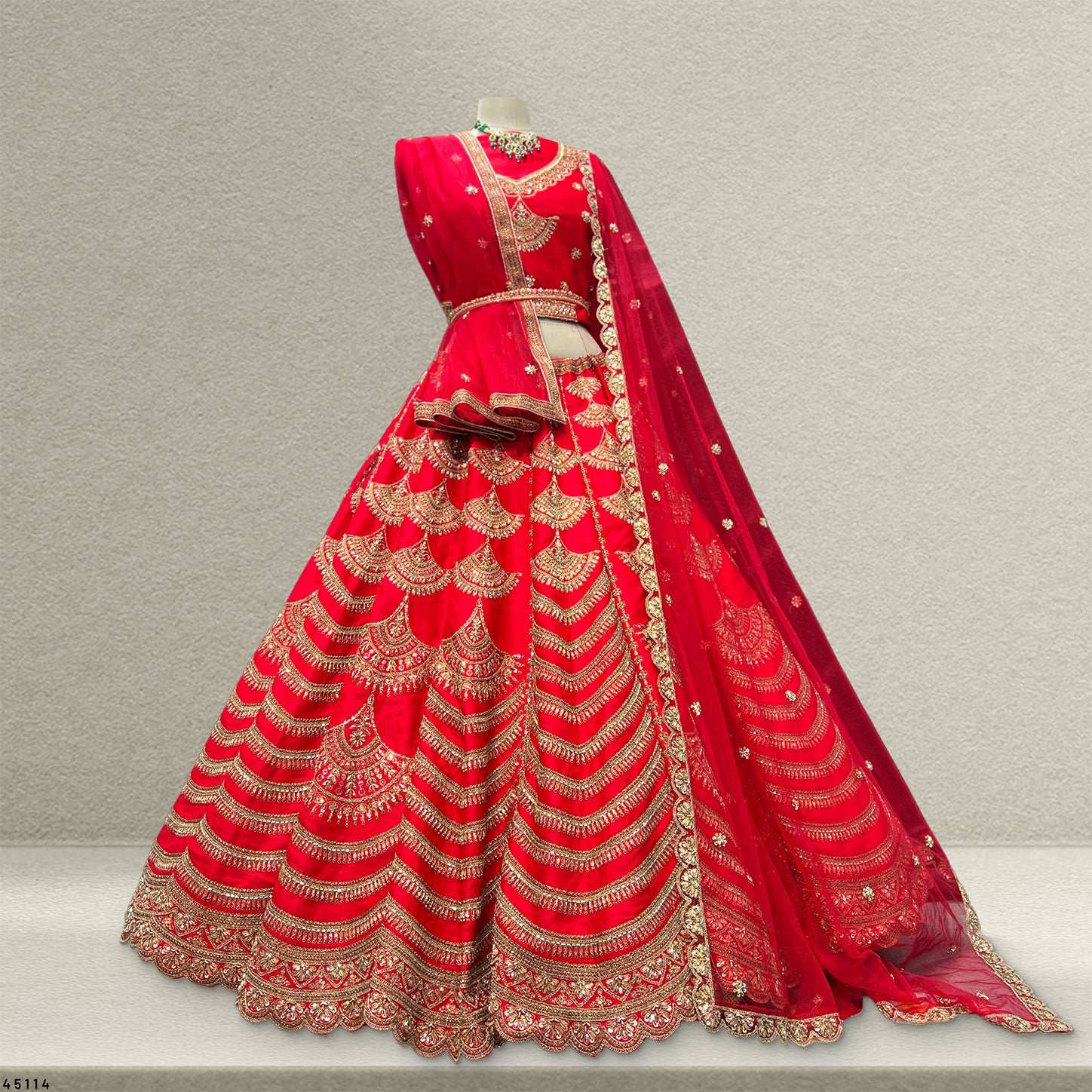 Handwork Royal Red Bridal Lehenga : Double Dupatta Minimal Style Flared Lehenga