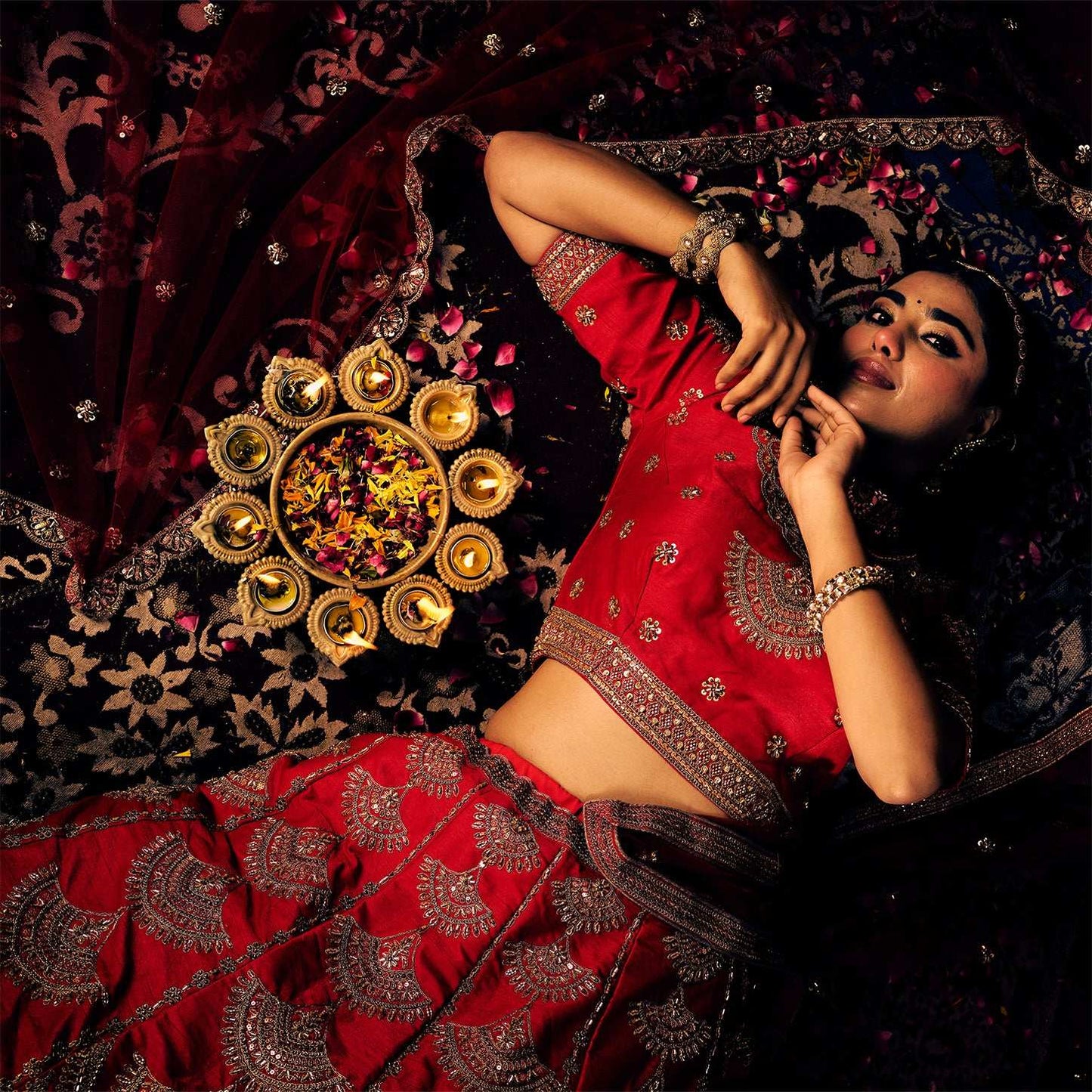 Handwork Royal Red Bridal Lehenga : Double Dupatta Minimal Style Flared Lehenga