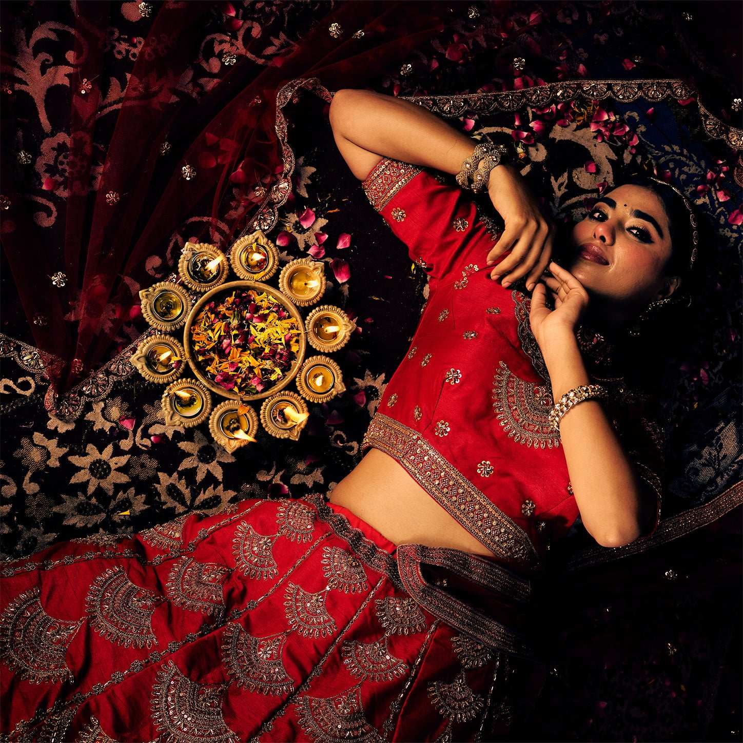 Handwork Royal Red Bridal Lehenga : Double Dupatta Minimal Style Flared Lehenga