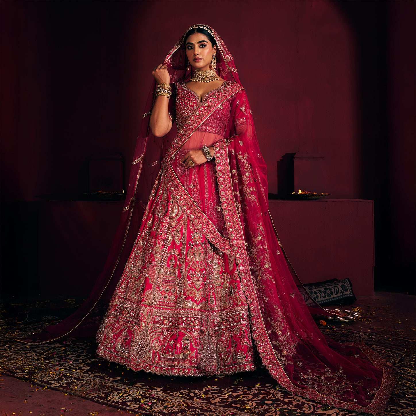 Dulhan in Rani Pink elegance : Storytelling Bridal Lehenga With Veil Dupatta