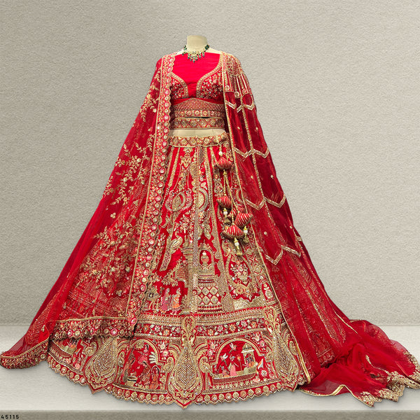 Dulhan in Royal Red Bridal Lehenga : Storytelling Wedding Lehenga With Veil Dupatta