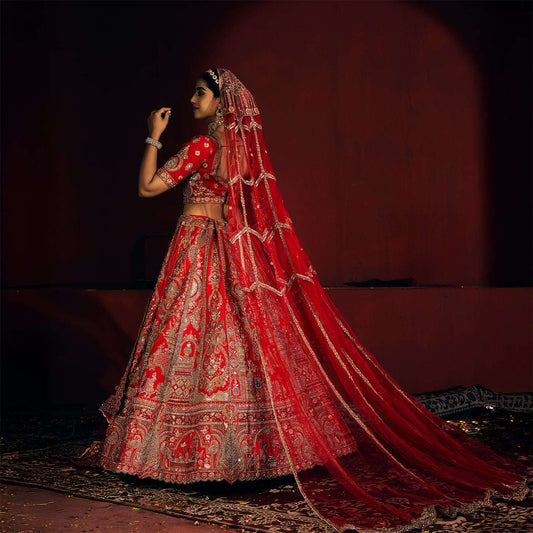 Dulhan in Royal Red Bridal Lehenga : Storytelling Wedding Lehenga With Veil Dupatta