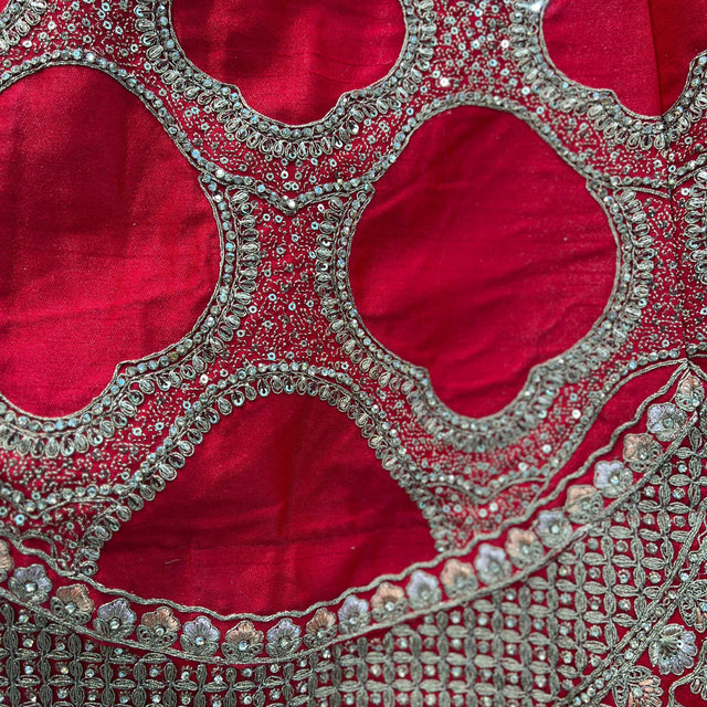 Sangria red lehenga fabric with ornate gold-and-silver mirror embroidery
