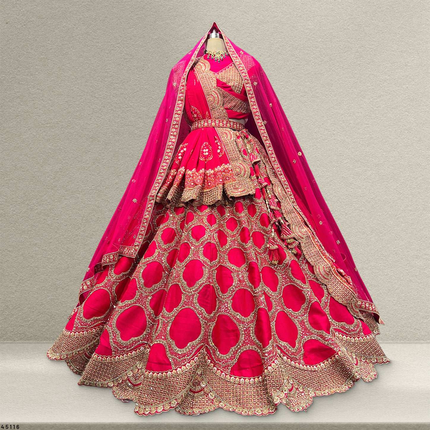 Sangria : Double Dupatta Big Flared Raw Silk Rani Pink Bridal Lehenga