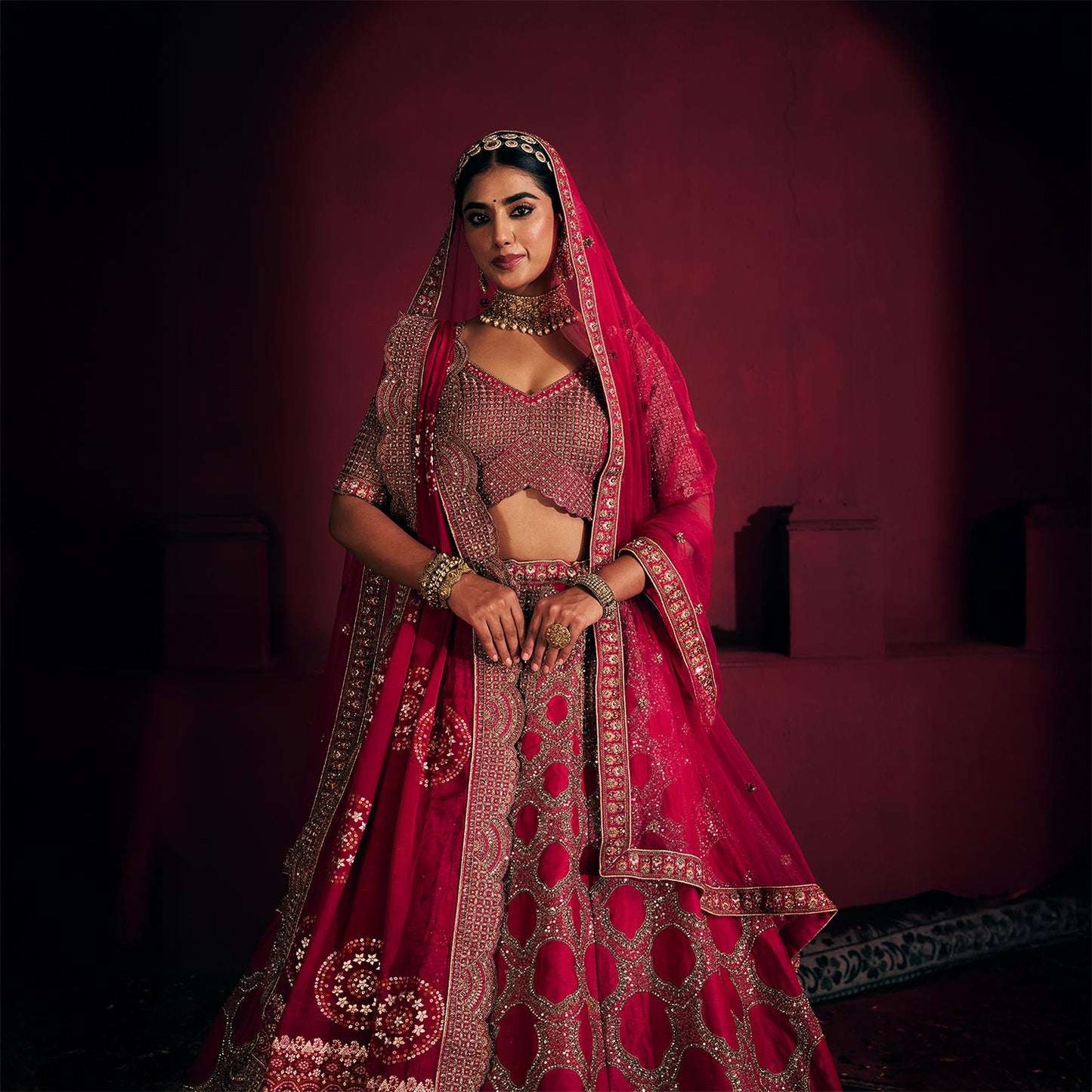 Sangria : Double Dupatta Big Flared Raw Silk Rani Pink Bridal Lehenga