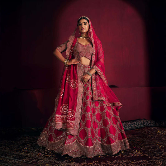 Sangria : Double Dupatta Big Flared Raw Silk Rani Pink Bridal Lehenga