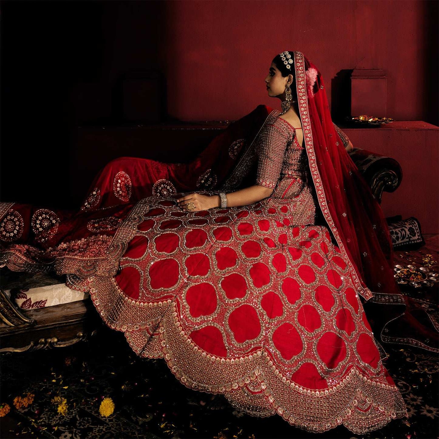 Sangria : Double Dupatta Big Flared Raw Silk Royal Red Bridal Lehenga