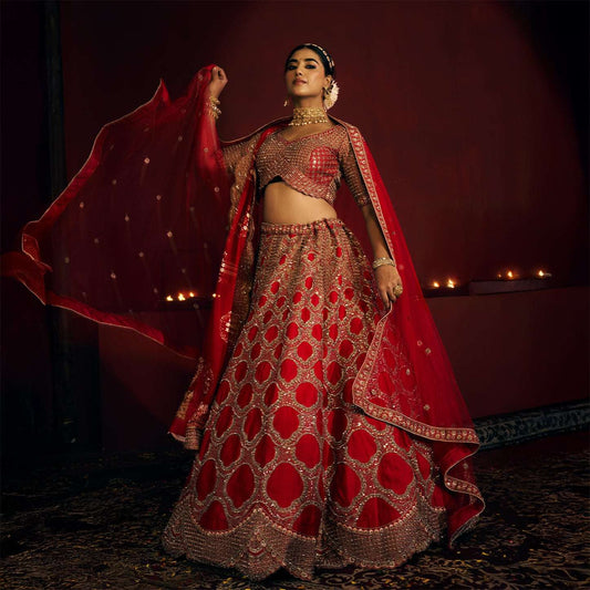 Sangria : Double Dupatta Big Flared Raw Silk Royal Red Bridal Lehenga