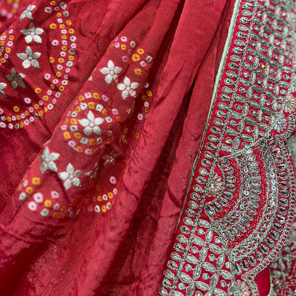 Sangria : Double Dupatta Big Flared Raw Silk Royal Red Bridal Lehenga