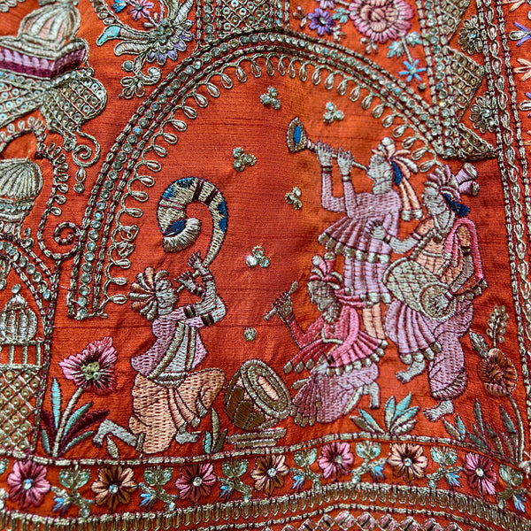 Dulhan in Orange Rust Bridal Lehenga : Double Dupatta Raw Silk Flared Lehenga