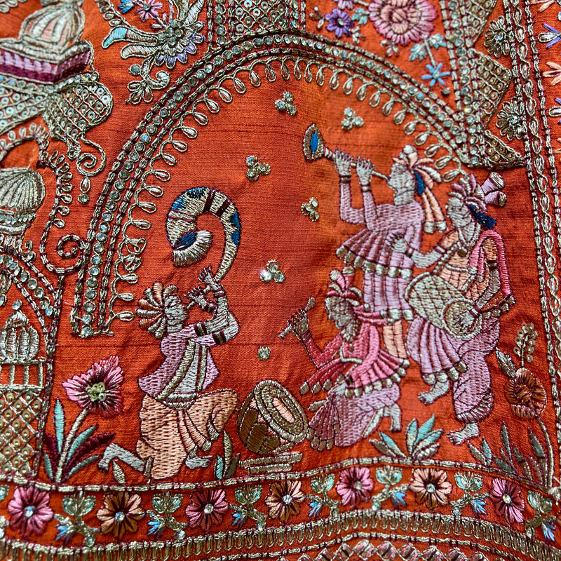 Dulhan in Orange Rust Bridal Lehenga : Double Dupatta Raw Silk Flared Lehenga