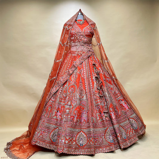 Dulhan in Orange Rust Bridal Lehenga : Double Dupatta Raw Silk Flared Lehenga