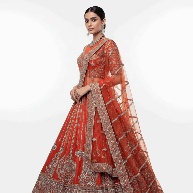 Rust orange lehenga with ornate silver embroidery, sheer dupatta and draped blouse