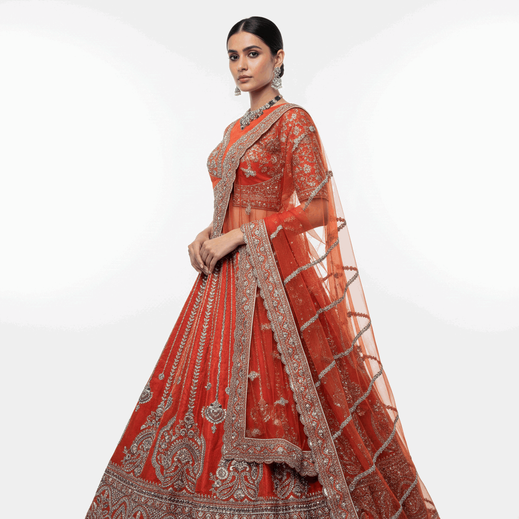 Dulhan in Orange Rust Bridal Lehenga : Double Dupatta Raw Silk Flared Lehenga