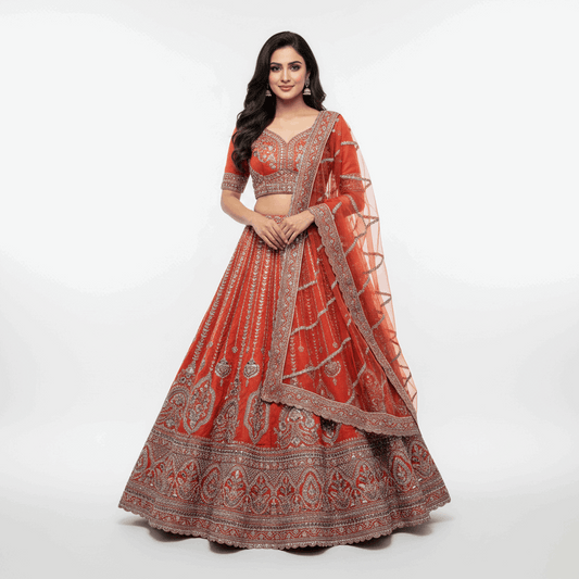 Dulhan in Orange Rust Bridal Lehenga : Double Dupatta Raw Silk Flared Lehenga