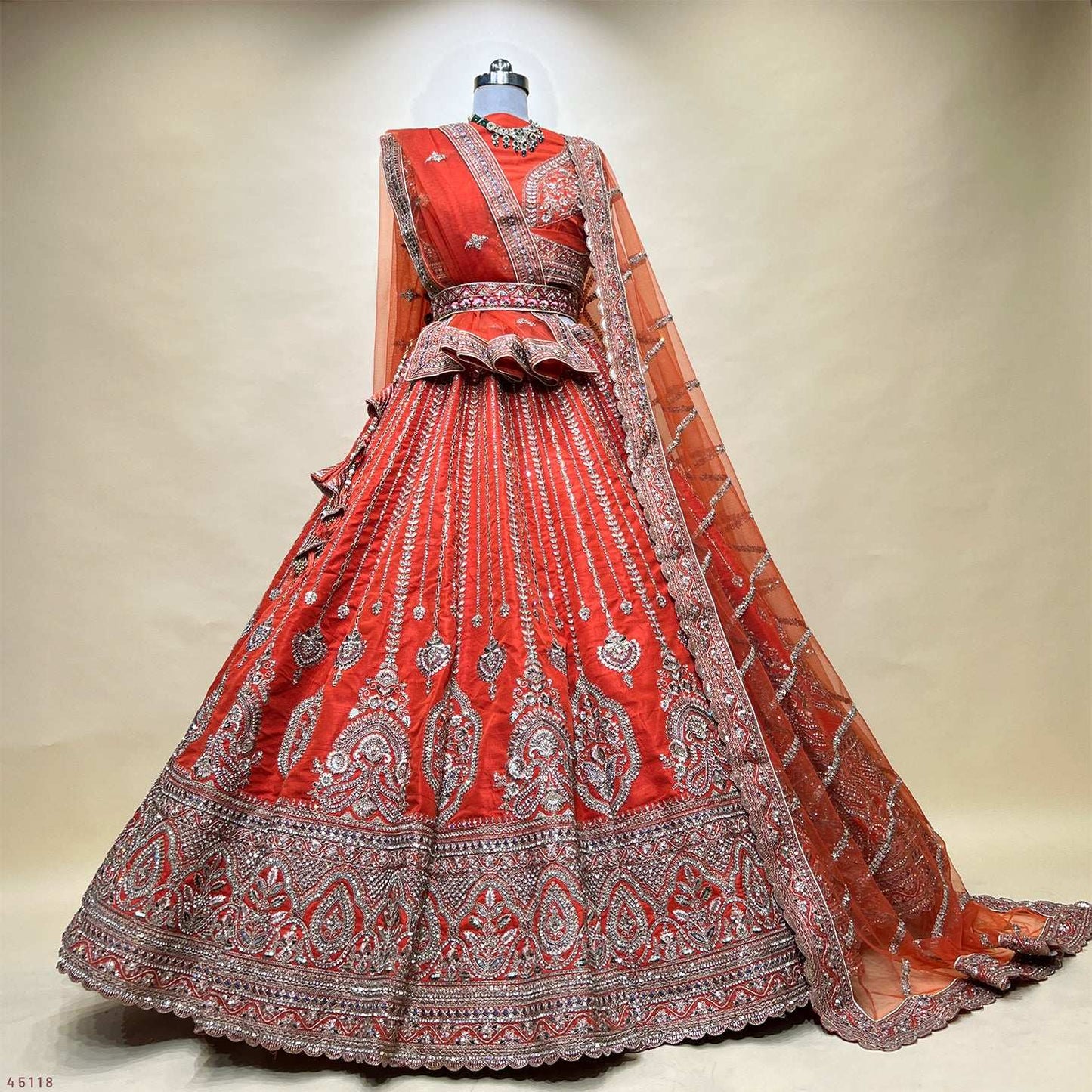 Dulhan in Orange Rust Bridal Lehenga : Double Dupatta Raw Silk Flared Lehenga