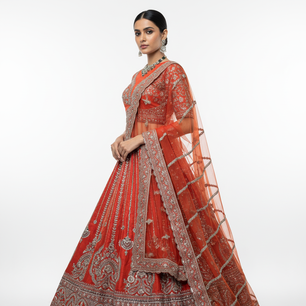 Dulhan in Orange Rust Bridal Lehenga : Double Dupatta Raw Silk Flared Lehenga