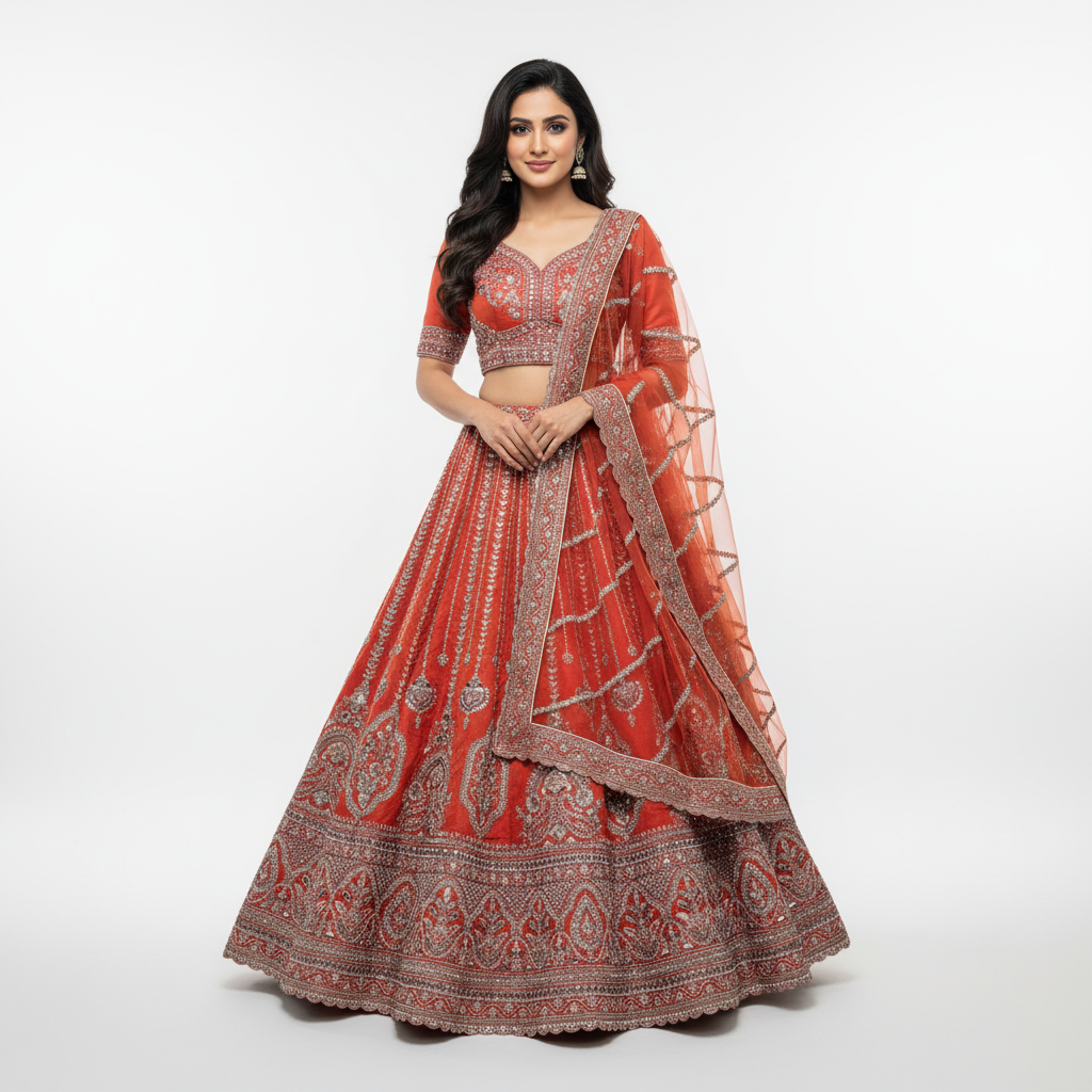 Dulhan in Orange Rust Bridal Lehenga : Double Dupatta Raw Silk Flared Lehenga