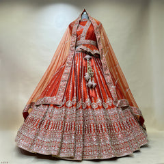 Sangria : Cutdana Pearls Handwork Rust Orange Bridal Lehenga