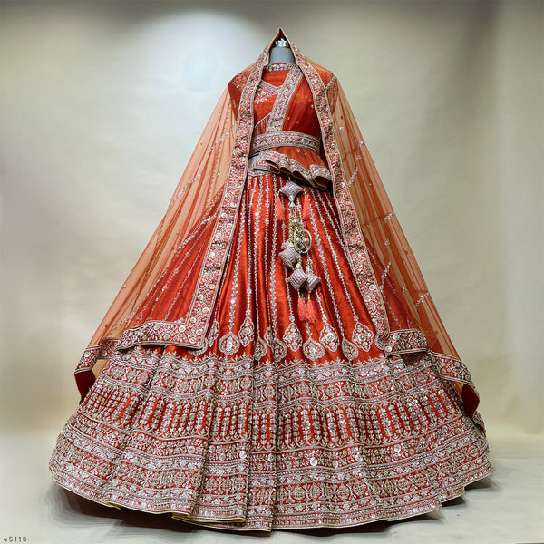 Sangria : Cutdana Pearls Handwork Rust Orange Bridal Lehenga