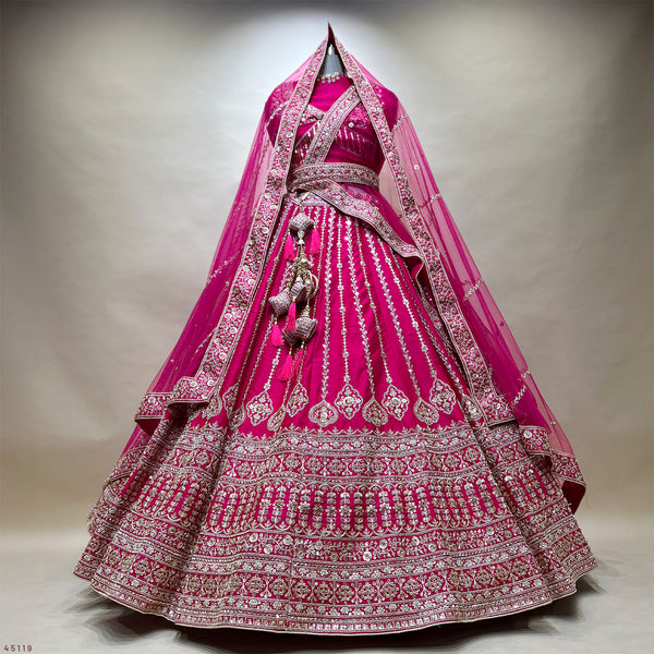 Sangria : Cutdana Pearls Handwork Rani Pink Bridal Lehenga