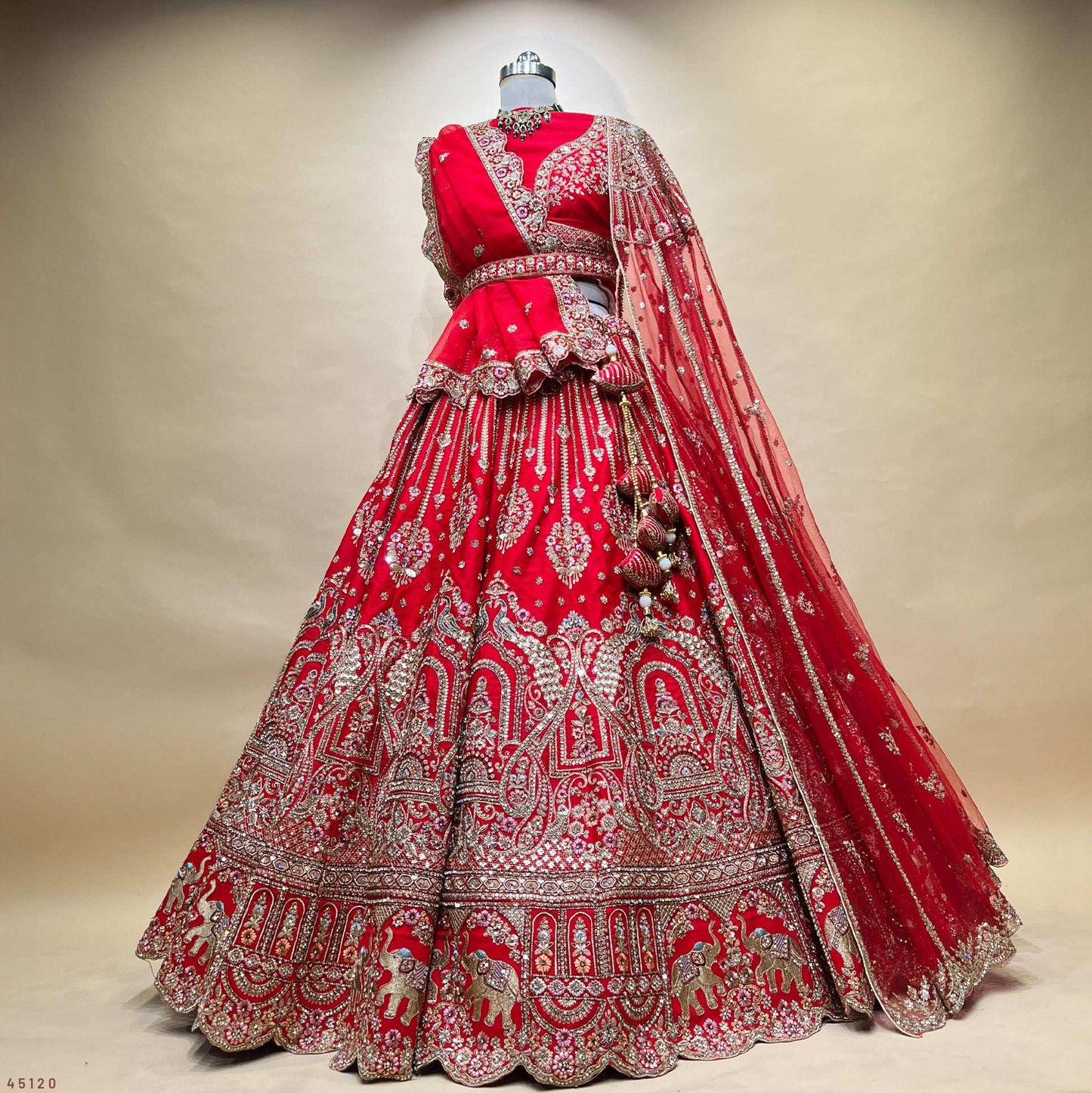 Dulhan in Royal Red Bridal Lehenga : Double Dupatta Raw Silk Flared Lehenga