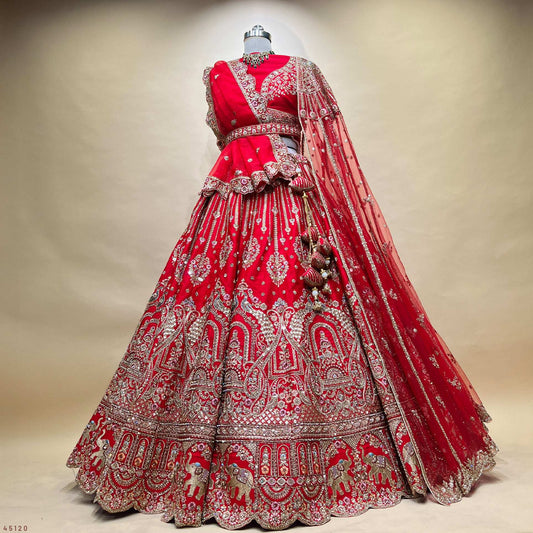 Dulhan in Royal Red Bridal Lehenga : Double Dupatta Raw Silk Flared Lehenga