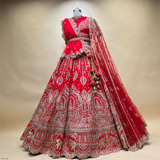 Dulhan in Royal Red Bridal Lehenga : Double Dupatta Raw Silk Flared Lehenga