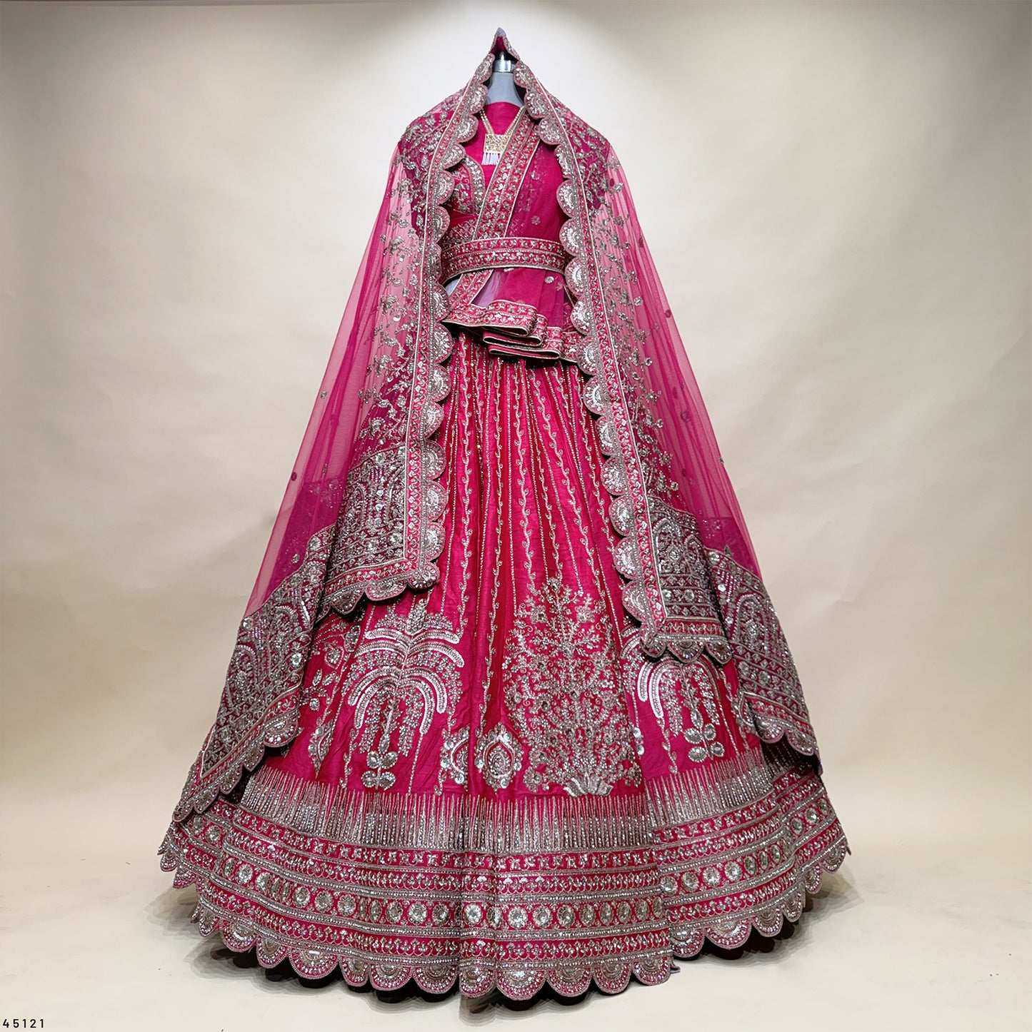 Dulhan in Rani Pink Bridal Lehenga : Double Dupatta Raw Silk Flared Lehenga