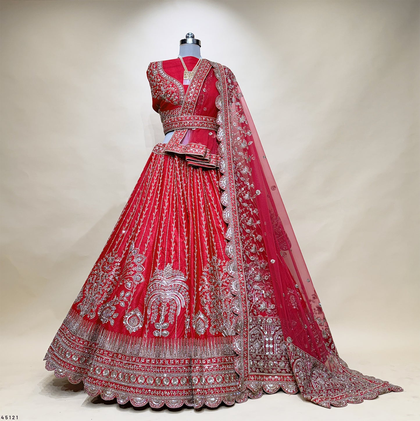 Dulhan in Royal Red Bridal Lehenga : Double Dupatta Raw Silk Flared Lehenga