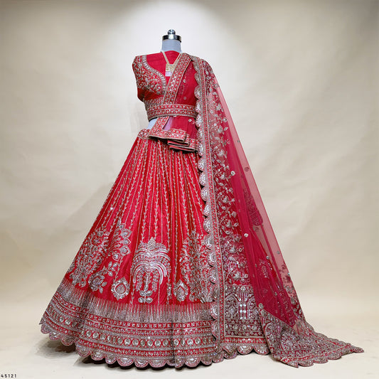Dulhan in Royal Red Bridal Lehenga : Double Dupatta Raw Silk Flared Lehenga