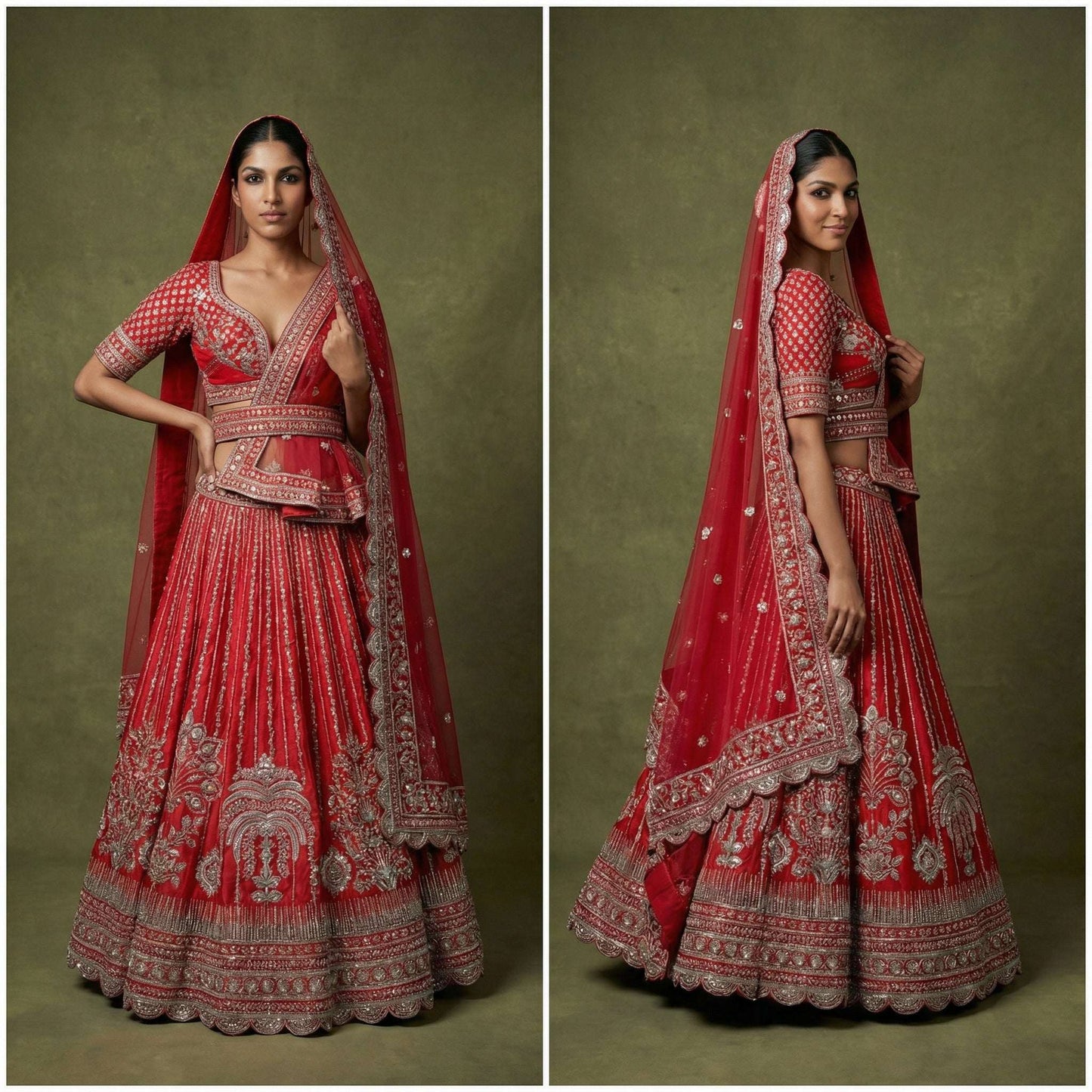 Dulhan in Royal Red Bridal Lehenga : Double Dupatta Raw Silk Flared Lehenga